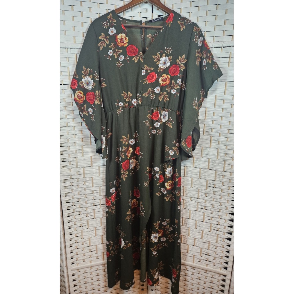 Simplee Womens Green Floral Dress Sz L Bloomcore Cottagecore Boho Missing Belt